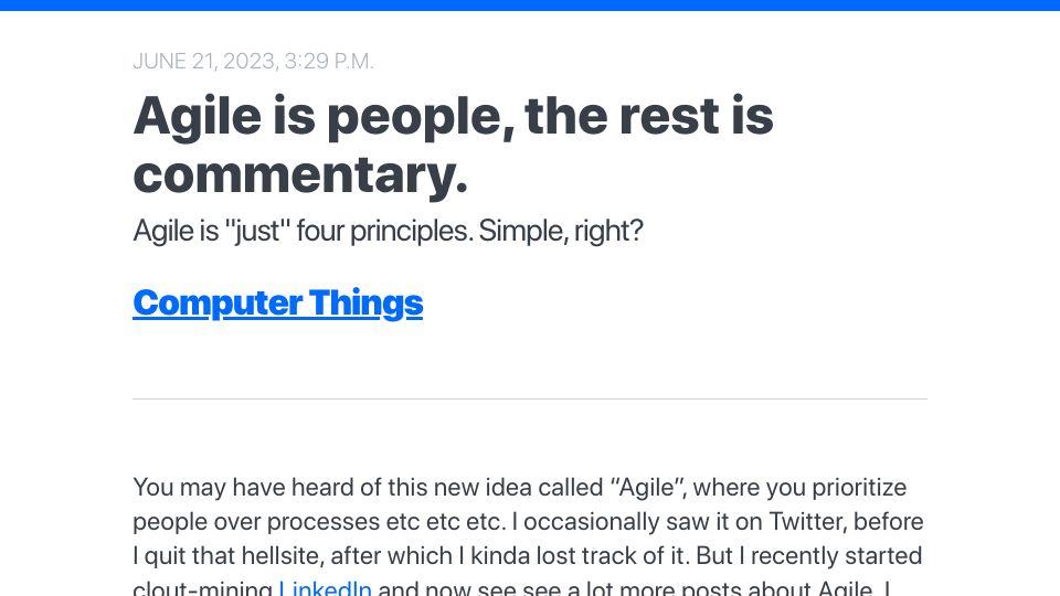 Screenshot of buttondown.email: Agile is people, the rest is commentary