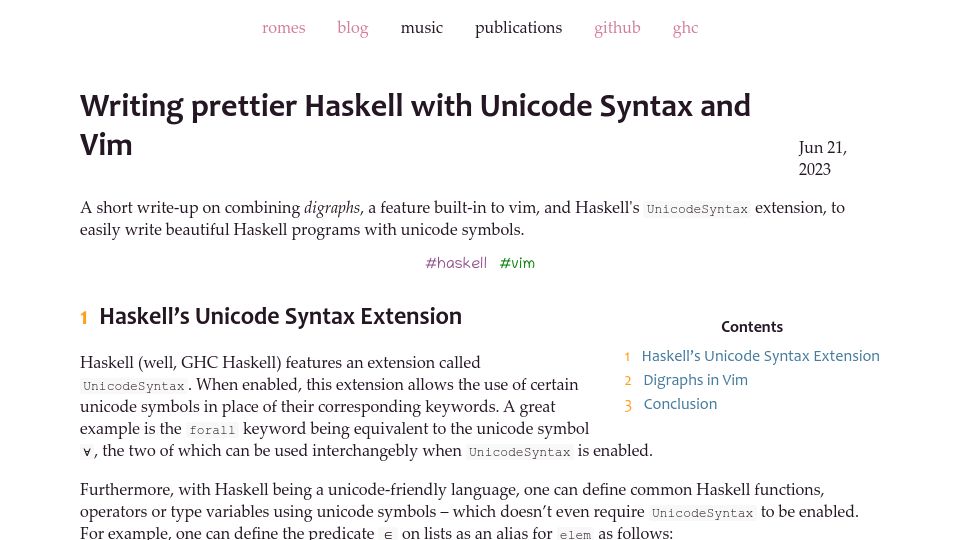 Screenshot of alt-romes.github.io: Writing prettier Haskell with Unicode syntax and Vim