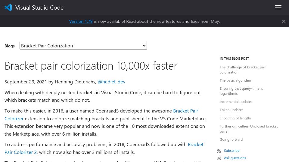 Screenshot of code.visualstudio.com: How VSCode made bracket pair colorization faster (2021)