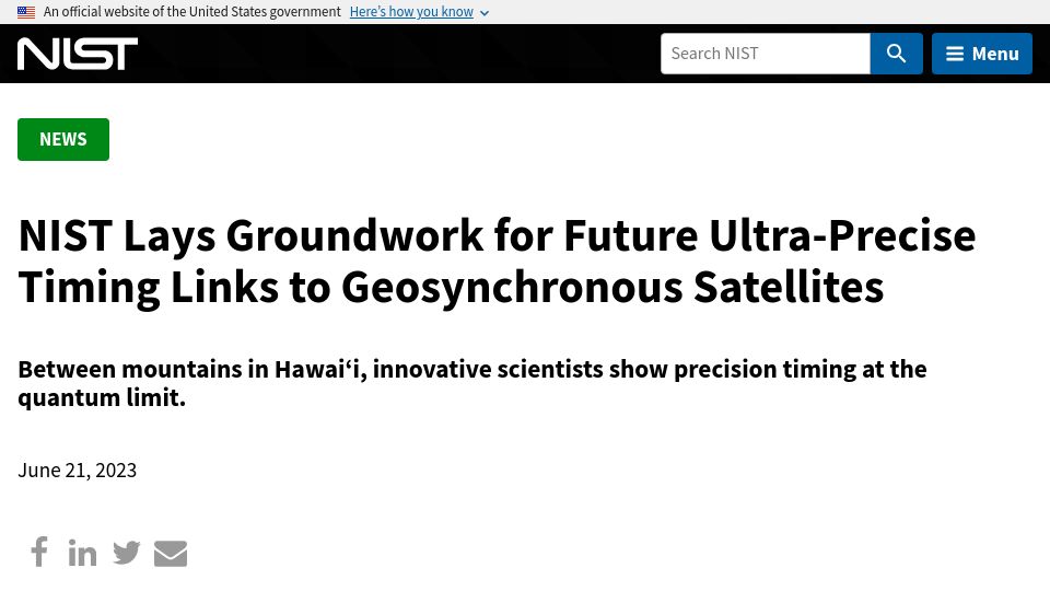 Screenshot of nist.gov: Future ultra-precise timing links to geosynchronous satellites