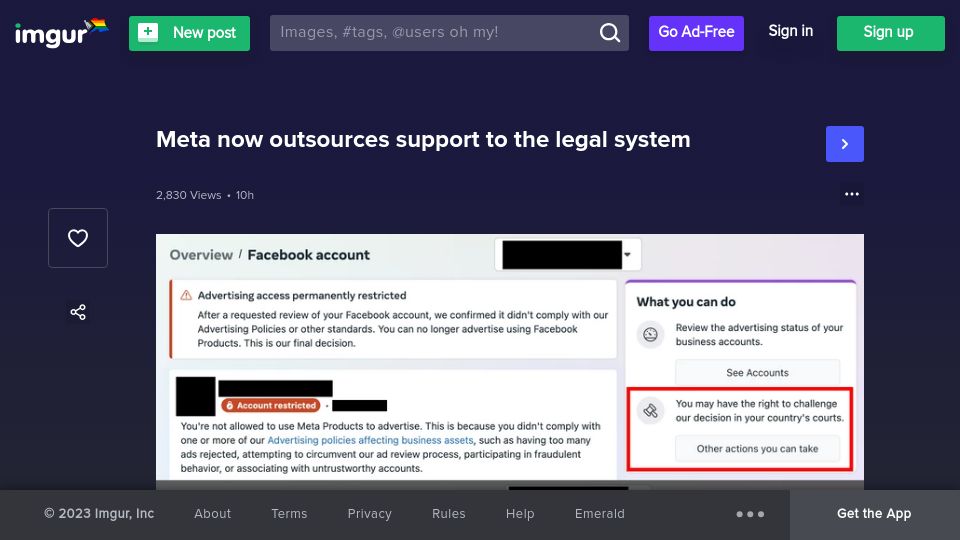 Screenshot of imgur.com: Meta now officially outsources support to the legal system