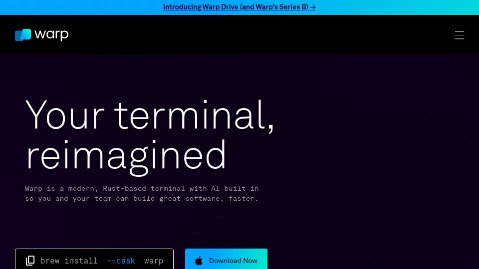Screenshot of warp.dev: Warp is a modern, Rust-based terminal with AI built in