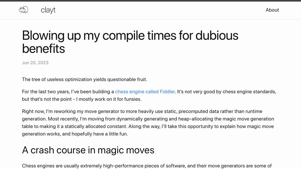 Screenshot of claytonwramsey.github.io: Blowing up my compile times for dubious benefits