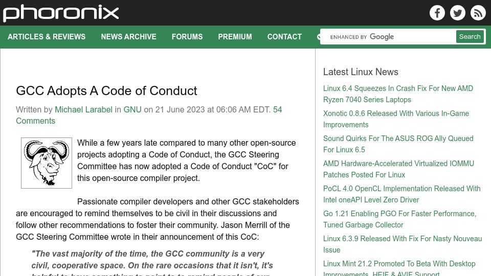 Screenshot of phoronix.com: GCC Adopts a Code of Conduct