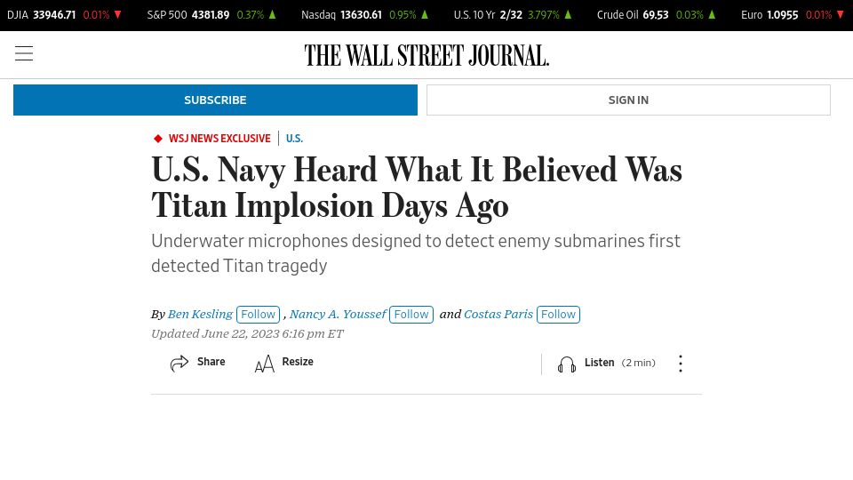 Screenshot of wsj.com: Top Secret U.S. Navy System Heard Titan Implosion Days Ago