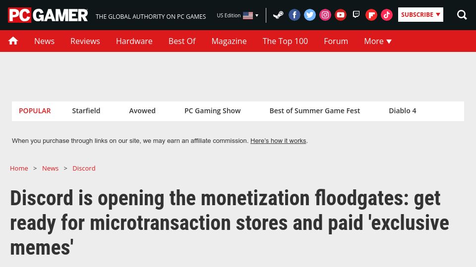 Screenshot of pcgamer.com: Discord monetization: microtransaction stores and paid 'exclusive memes'