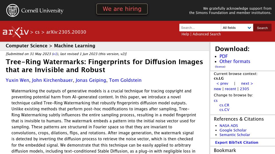 Screenshot of arxiv.org: Tree-Ring Watermark: Invisible Robust Fingerprints of Diffusion Images