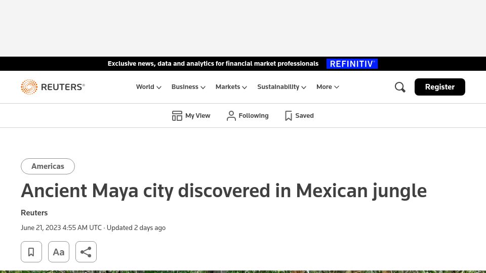 Screenshot of reuters.com: Ancient Maya city discovered in Mexican jungle