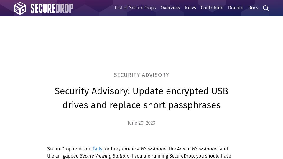 Screenshot of securedrop.org: Security Advisory: Update encrypted USB drives and replace short passphrases