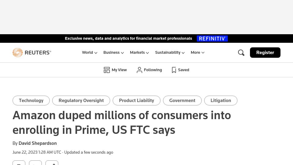 Screenshot of reuters.com: Amazon duped millions of consumers into enrolling in Prime, US FTC says