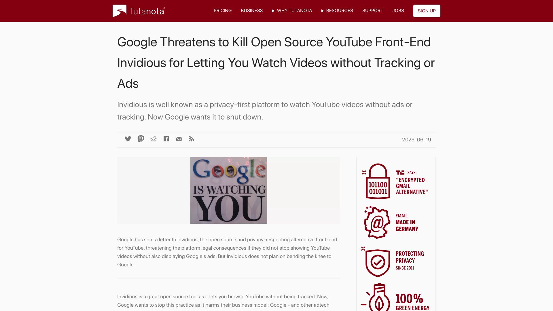Screenshot of tutanota.com: Google Threatens to Kill Open Source YouTube Front-End Invidious
