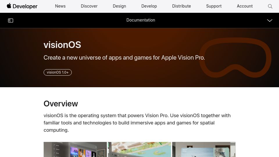 Screenshot of developer.apple.com: VisionOS developer docs and Vision Pro SDK