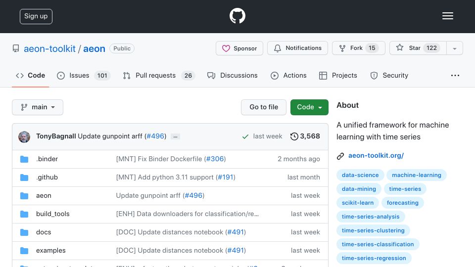 Screenshot of github.com: Aeon: A unified framework for machine learning with time series