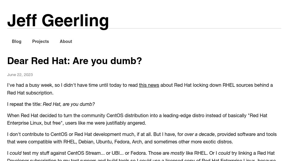 Screenshot of jeffgeerling.com: Dear Red Hat: Are you dumb?