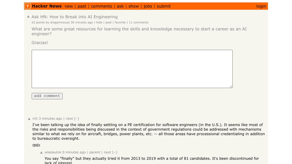 Screenshot of Hacker News post: Ask HN: How to Break into AI Engineering