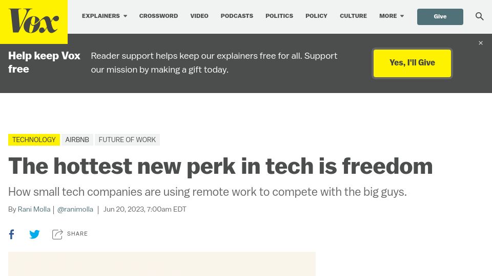 Screenshot of vox.com: The hottest new perk in tech is freedom
