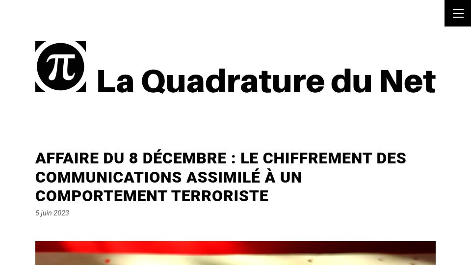 Screenshot of laquadrature.net: French govt. says users of uBlock Origin, Signal etc. are potential terrorists