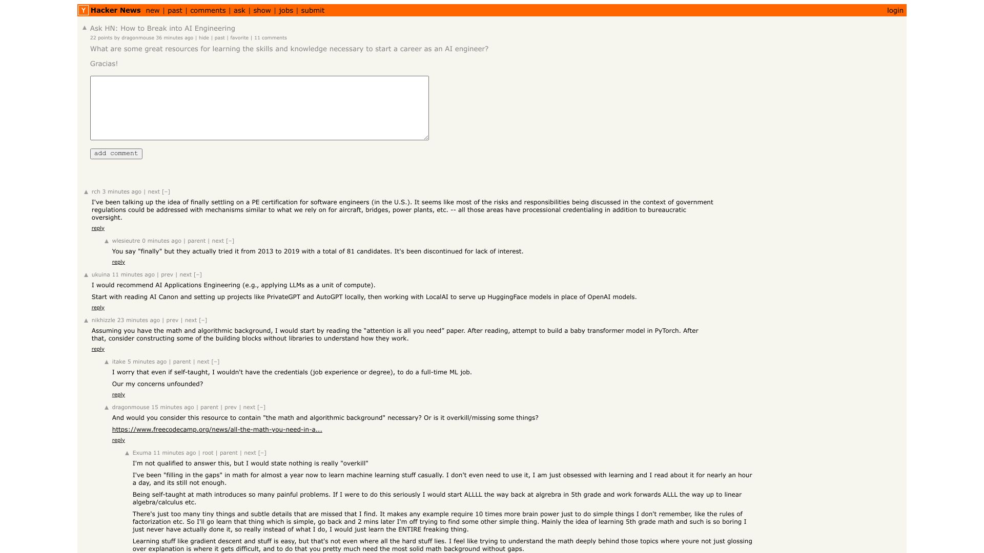 Screenshot of this Hacker News post: Ask HN: How to Break into AI Engineering