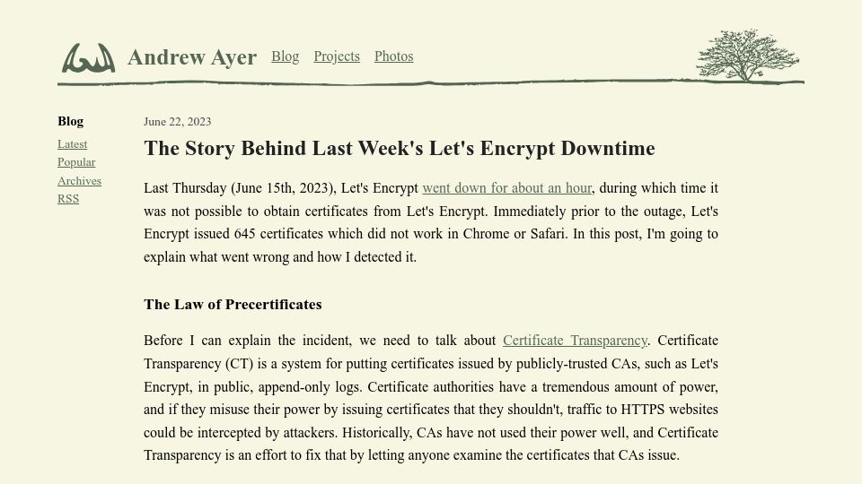 Screenshot of agwa.name: Last week's Let's Encrypt downtime
