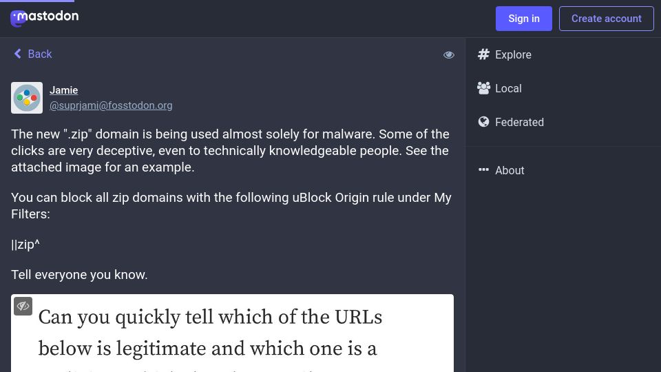 Screenshot of fosstodon.org: Deceptive example for malicious usage of .zip domain