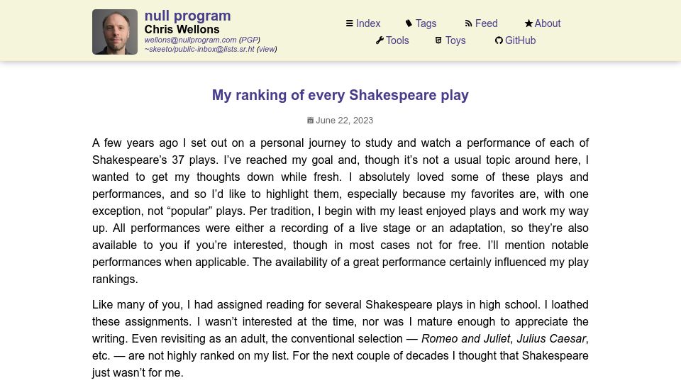 Screenshot of nullprogram.com: My ranking of every Shakespeare play