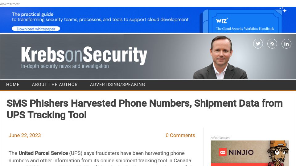 Screenshot of krebsonsecurity.com: SMS phishers harvested phone numbers, shipment data from UPS tracking tool