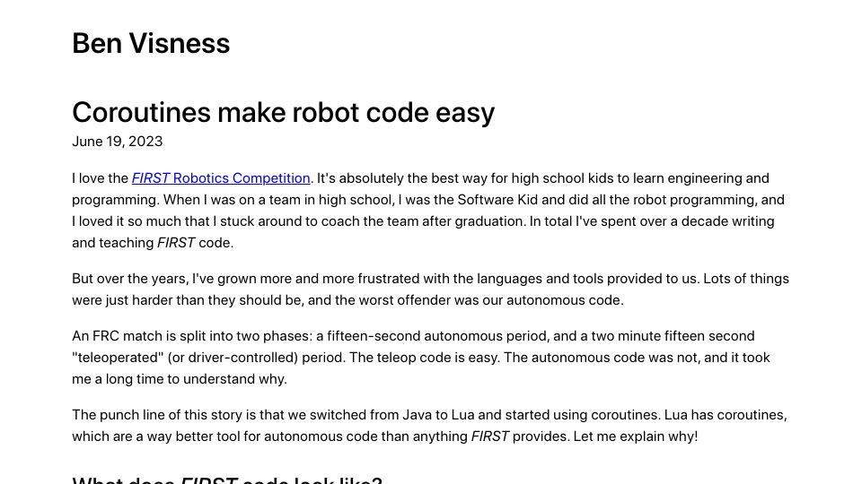 Screenshot of bvisness.me: Coroutines make robot code easy