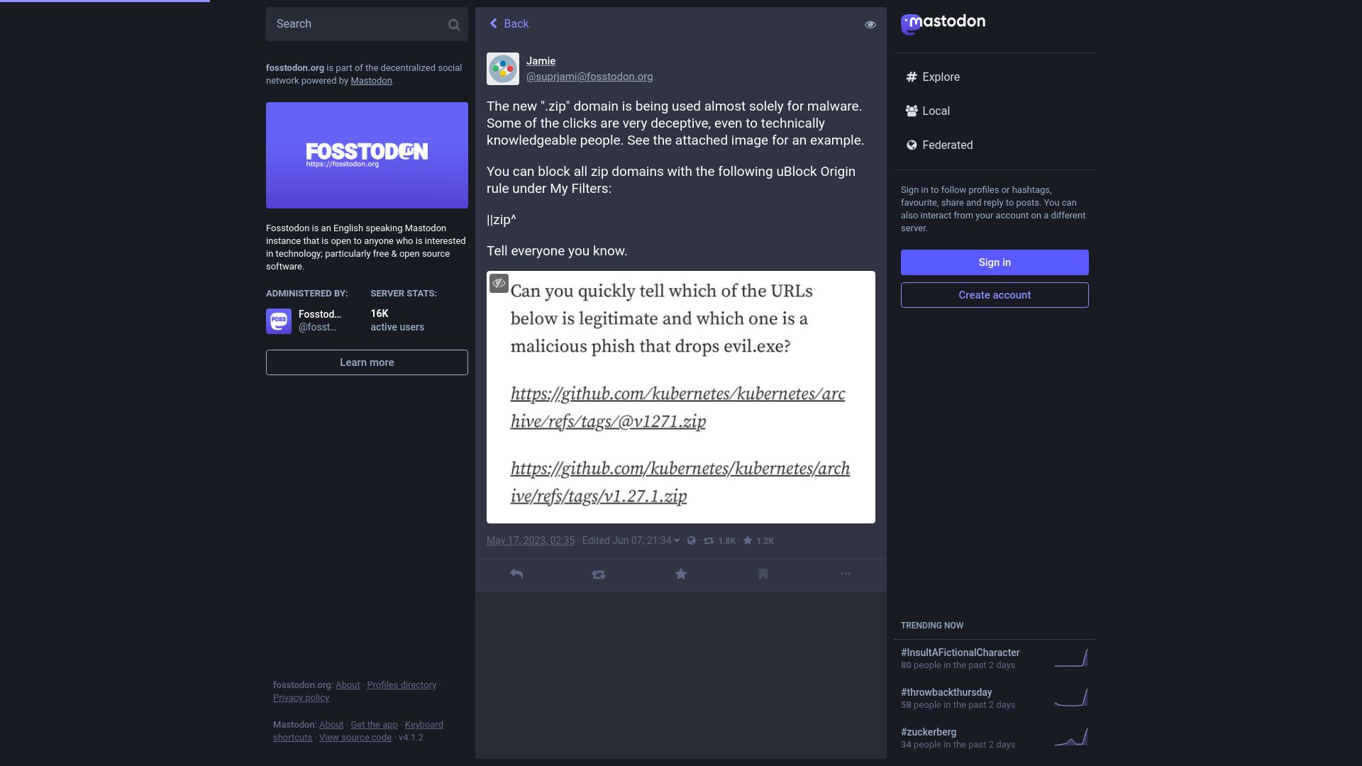 Screenshot of fosstodon.org: Deceptive example for malicious usage of .zip domain