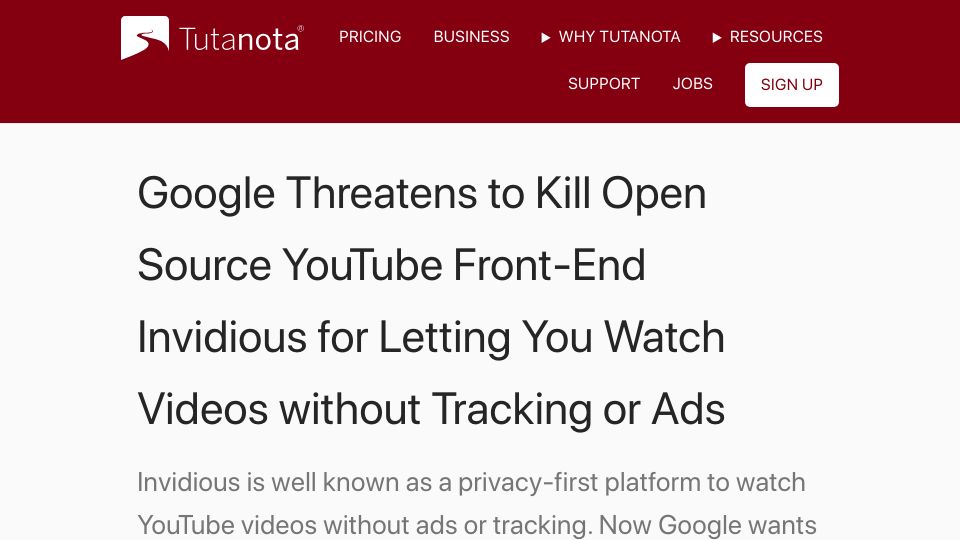 Screenshot of tutanota.com: Google Threatens to Kill Open Source YouTube Front-End Invidious
