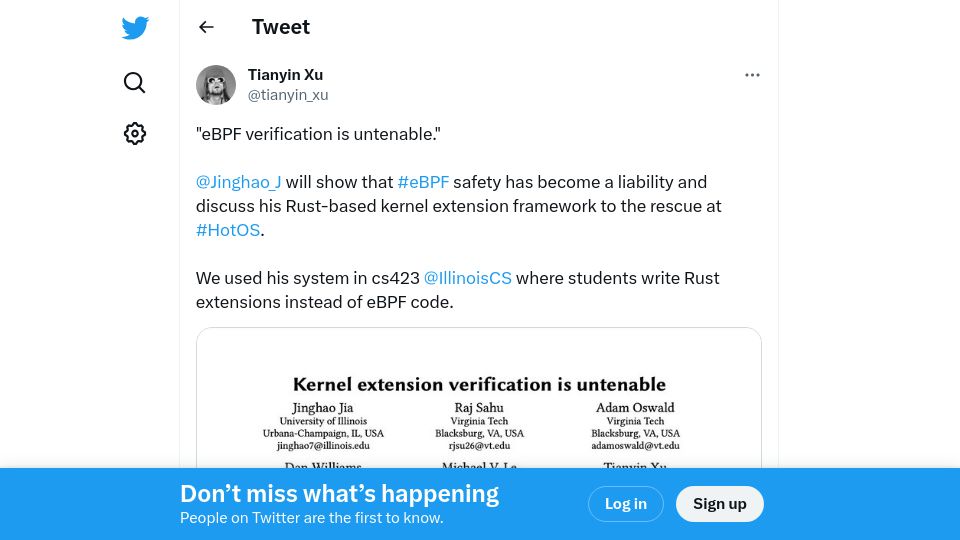 Screenshot of twitter.com: eBPF Verification Is Untenable