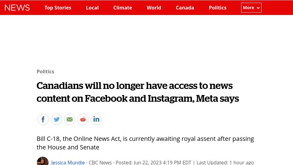 Screenshot of cbc.ca: Canadians will no longer have access to news content on Facebook and Instagram