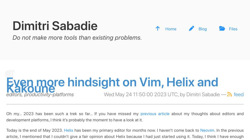 Screenshot of phaazon.net: Even more hindsight on Vim, Helix and Kakoune