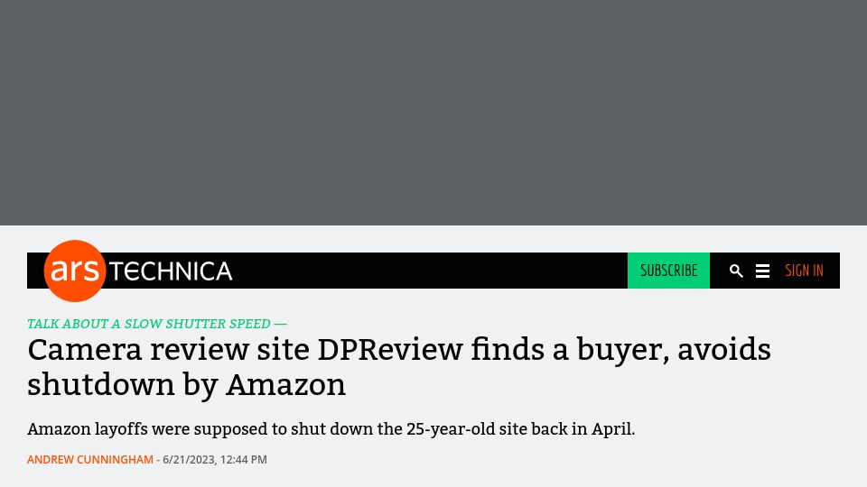 Screenshot of arstechnica.com: Camera review site DPReview finds a buyer, avoids shutdown by Amazon