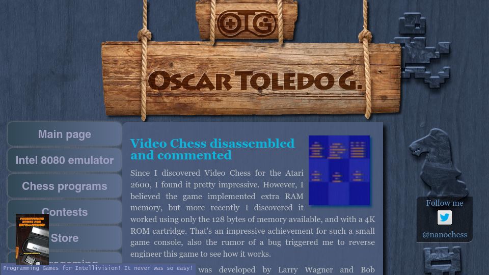 Screenshot of nanochess.org: Video Chess disassembled and commented