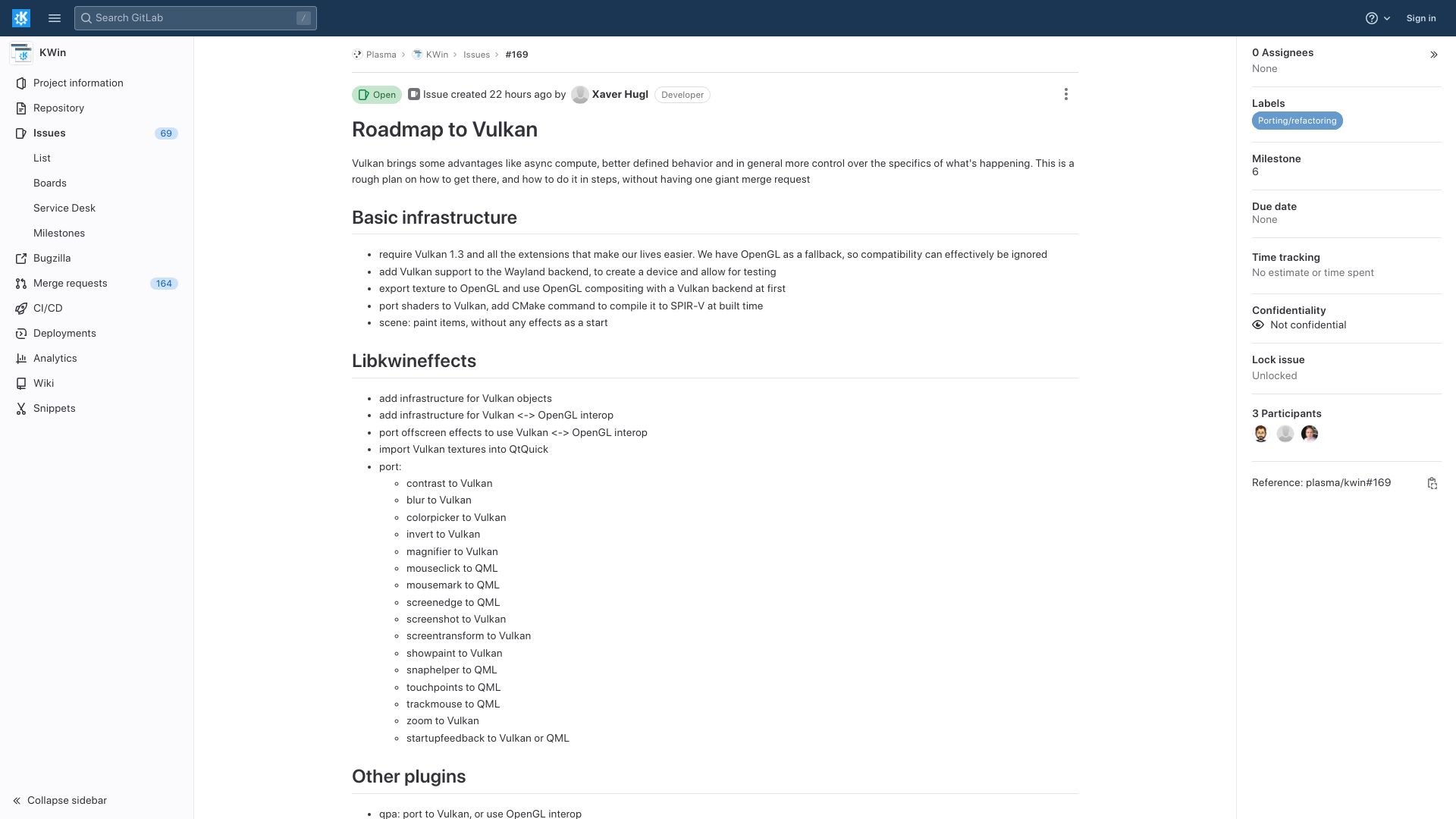 Screenshot of invent.kde.org: Roadmap to Vulkan for KDE window manager KWin