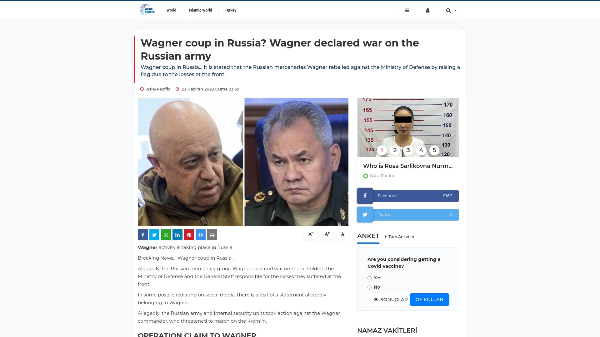 Screenshot of worldbulletin.net: Wagner coup in Russia? Wagner declared war on the Russian army