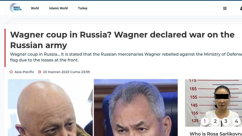 Screenshot of worldbulletin.net: Wagner coup in Russia? Wagner declared war on the Russian army