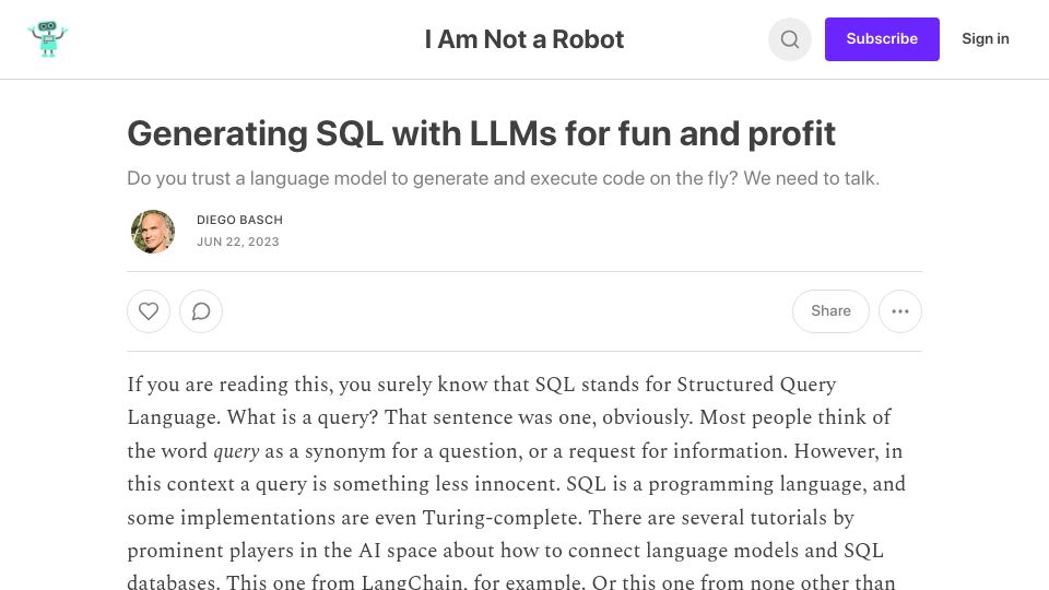 Screenshot of iamnotarobot.substack.com: Generating SQL with LLMs for fun and profit