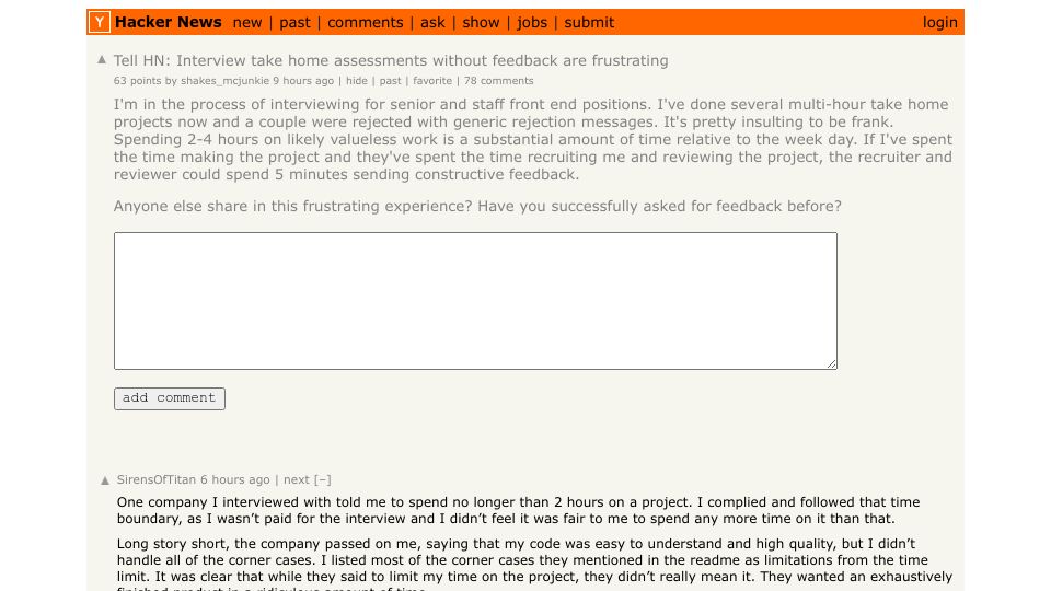 Screenshot of Hacker News post: Tell HN: Interview take home assessments without feedback are frustrating