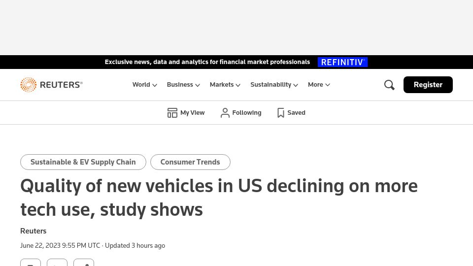 Screenshot of reuters.com: Quality of new vehicles in US declining on more tech use: study