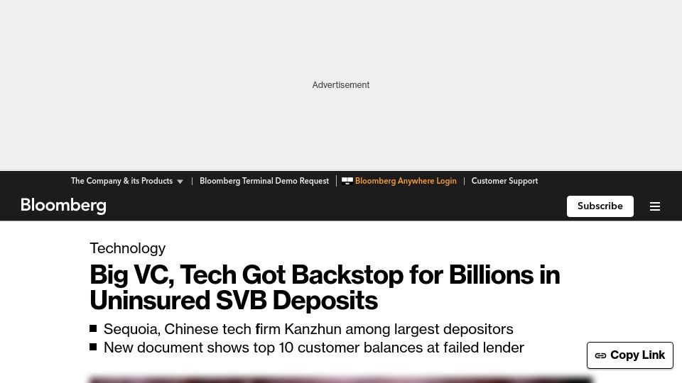 Screenshot of bloomberg.com: Big VC, Tech Got Backstop for Billions in Uninsured SVB Deposits