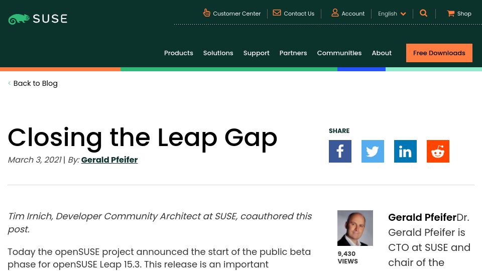 Screenshot of suse.com: Closing the Leap Gap (2021)