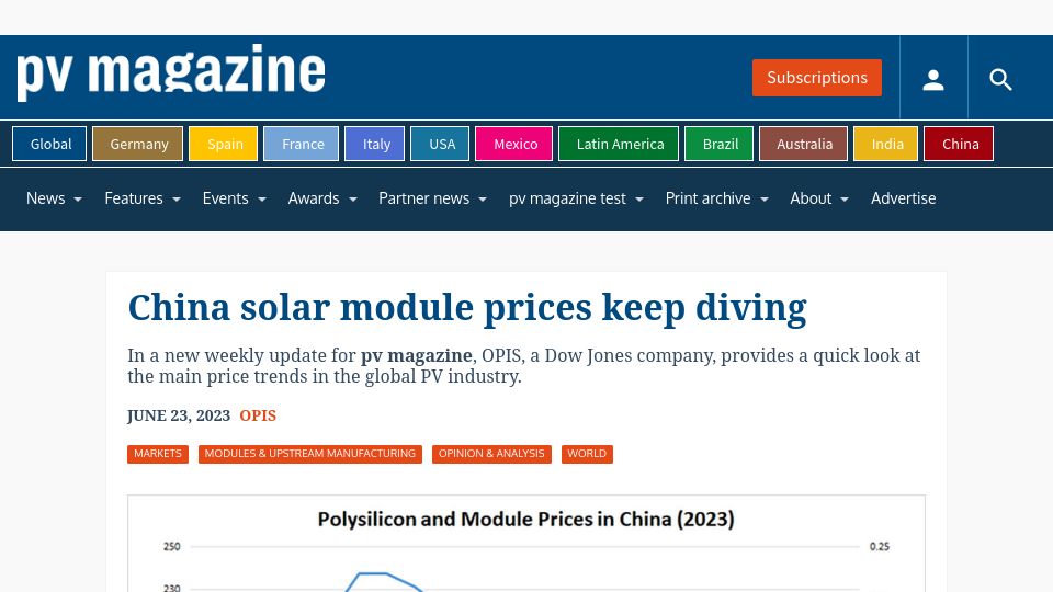 Screenshot of pv-magazine.com: China solar module prices keep diving