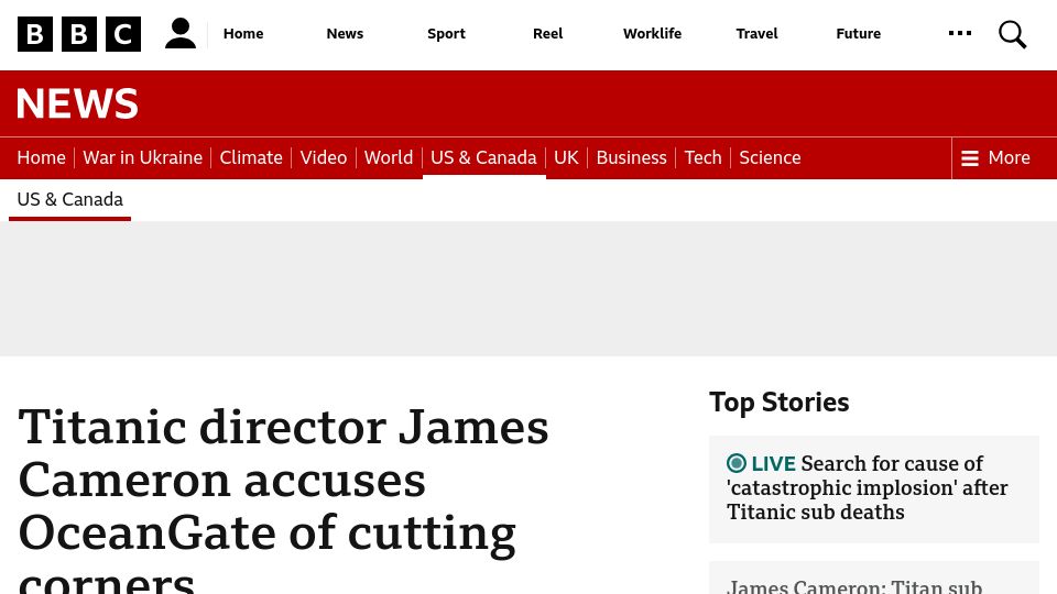 Screenshot of bbc.com: Titanic director James Cameron accuses OceanGate of cutting corners