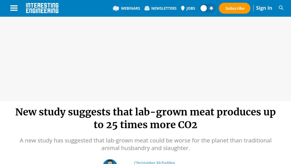 Screenshot of interestingengineering.com: New study suggests that lab-grown meat produces up to 25 times more CO2
