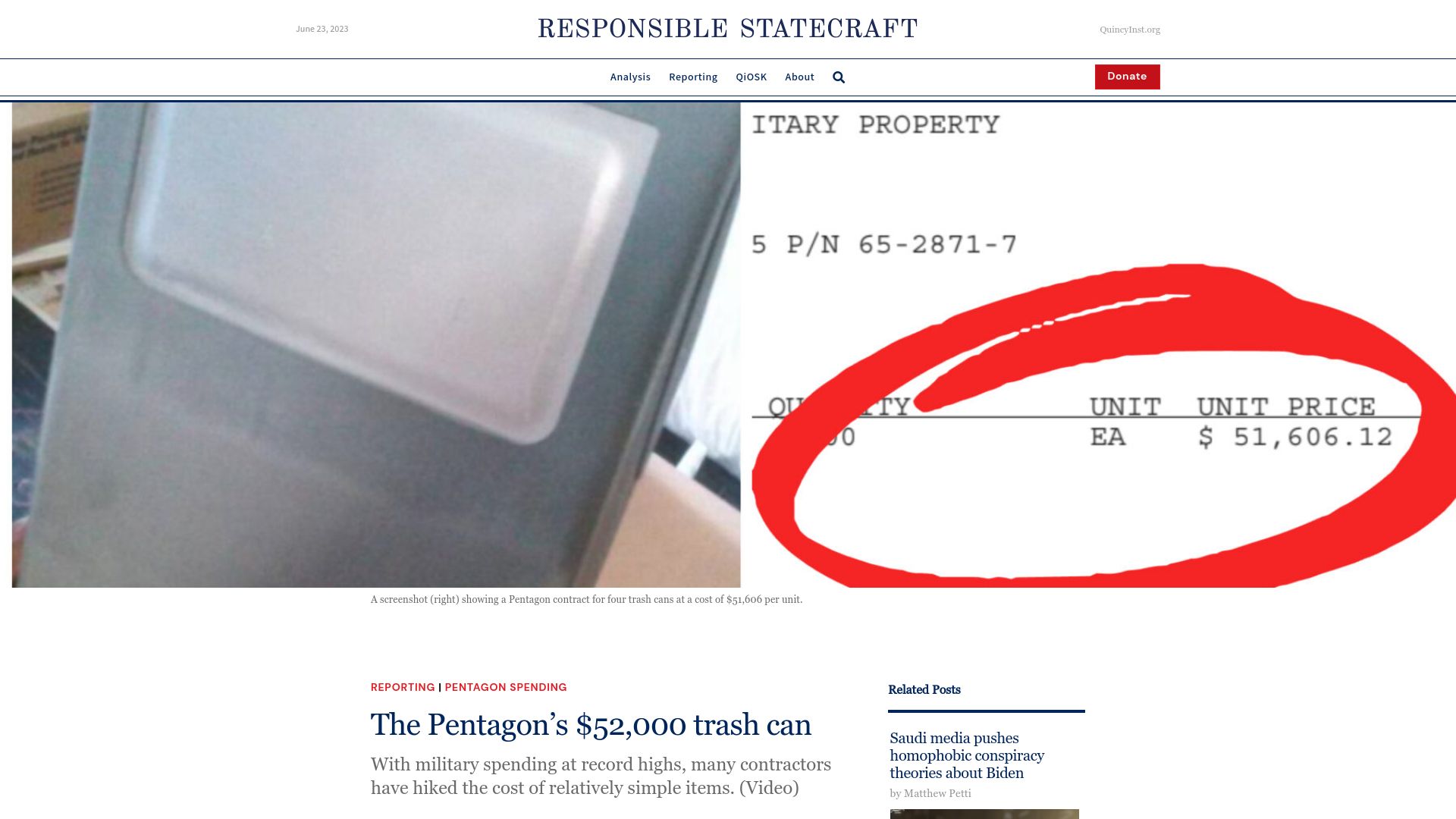 Screenshot of responsiblestatecraft.org: The Pentagon’s $52k trash can