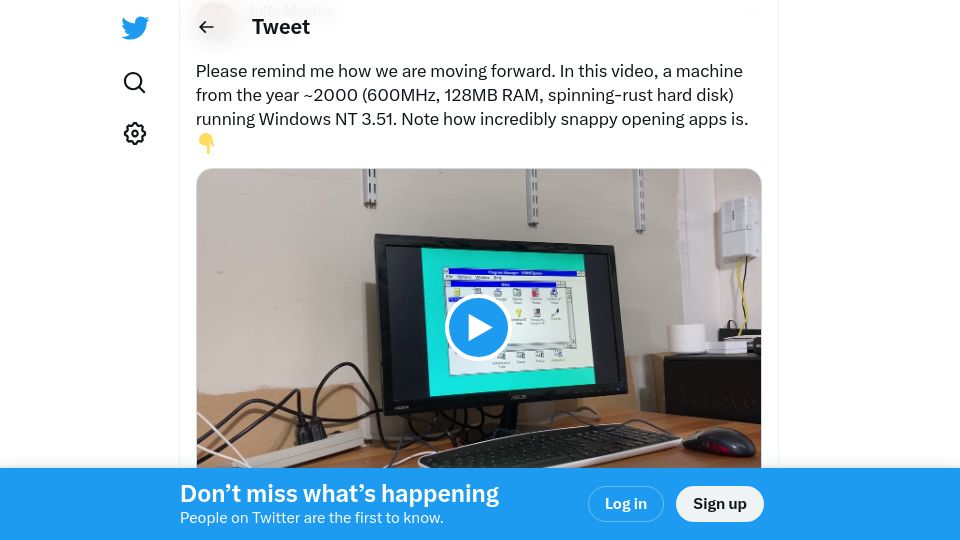 Screenshot of twitter.com: Windows NT on 600MHz machine opens apps instantly. What happened?