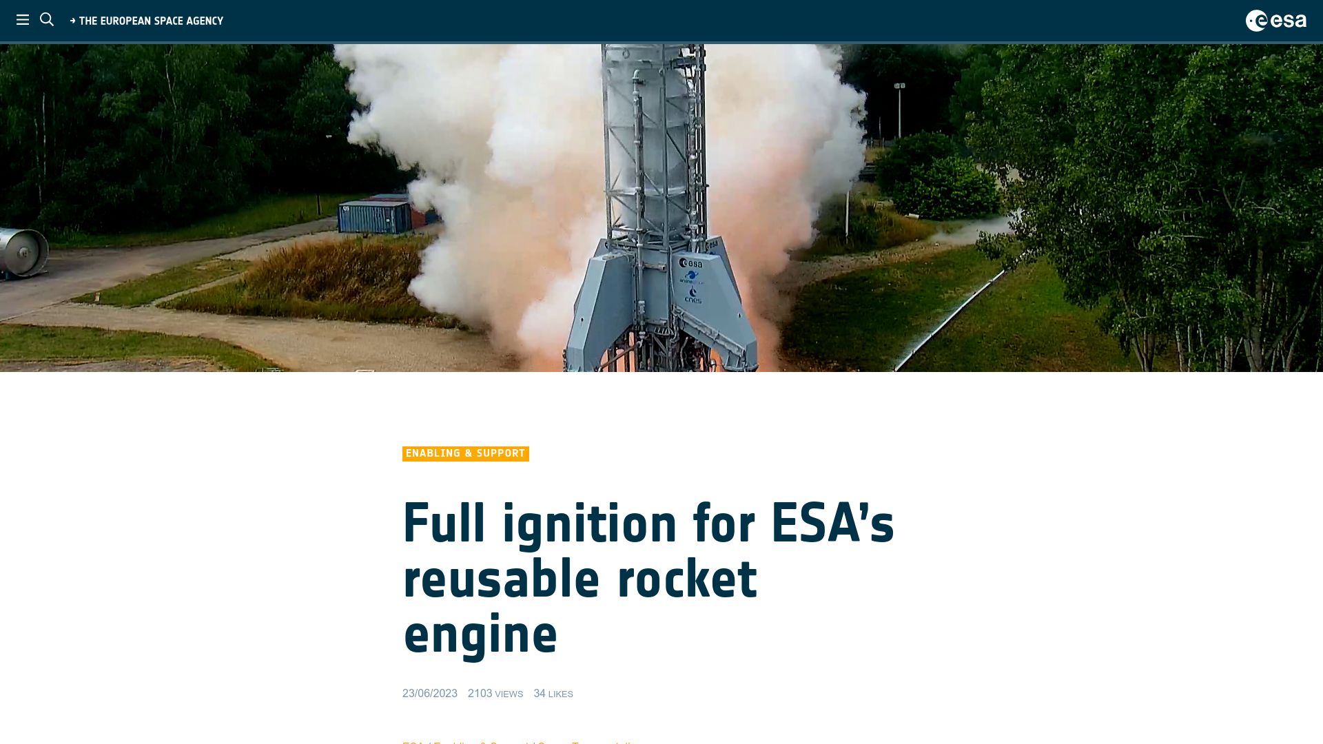 Screenshot of esa.int: Full ignition for ESA’s reusable rocket engine
