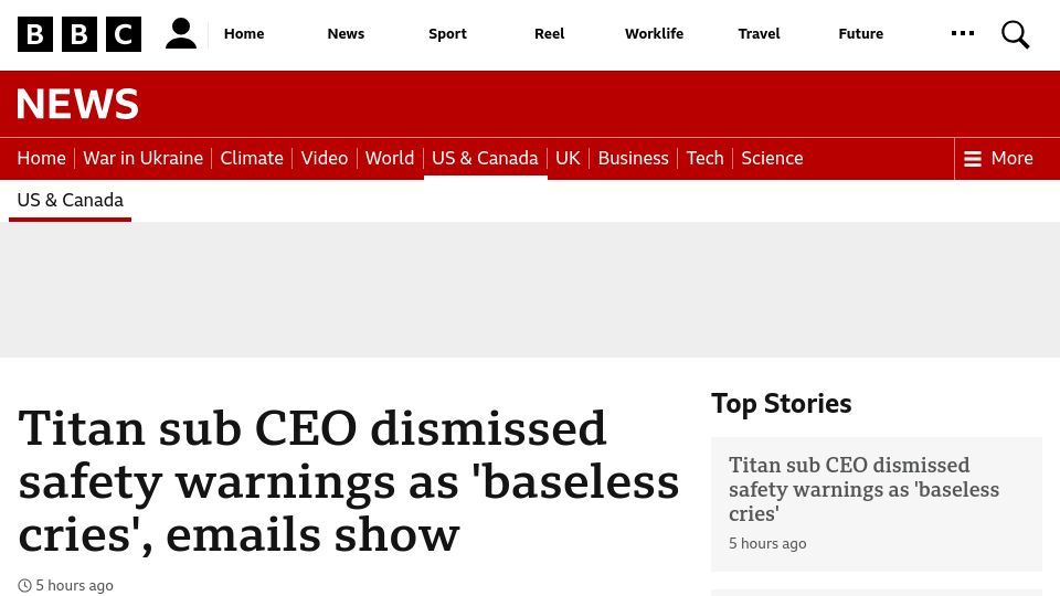 Screenshot of bbc.com: Titan sub CEO dismissed safety warnings as 'baseless cries', emails show