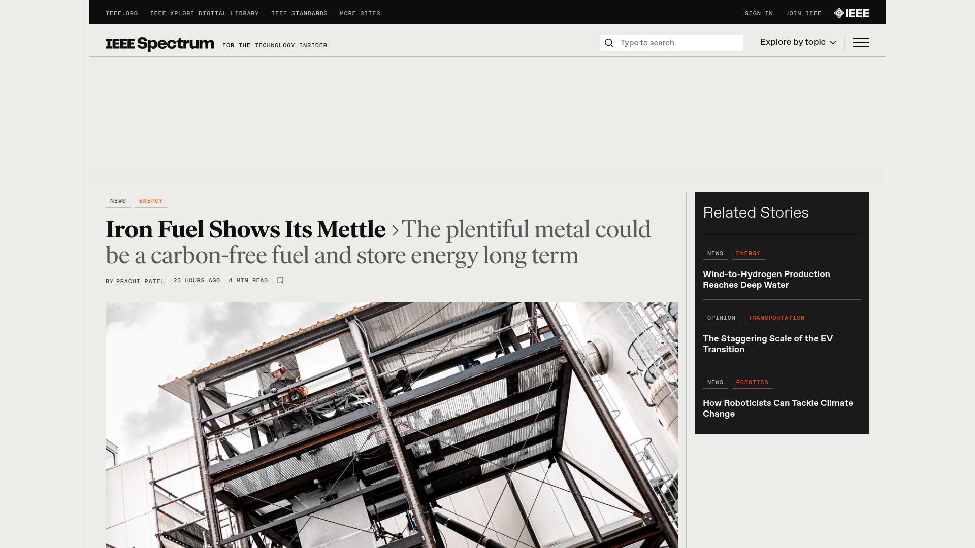 Screenshot of spectrum.ieee.org: Iron fuel shows its mettle
